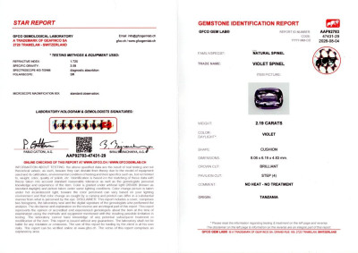 Certificate Violet spinel cushion cut 2.19 carats, Tanzania