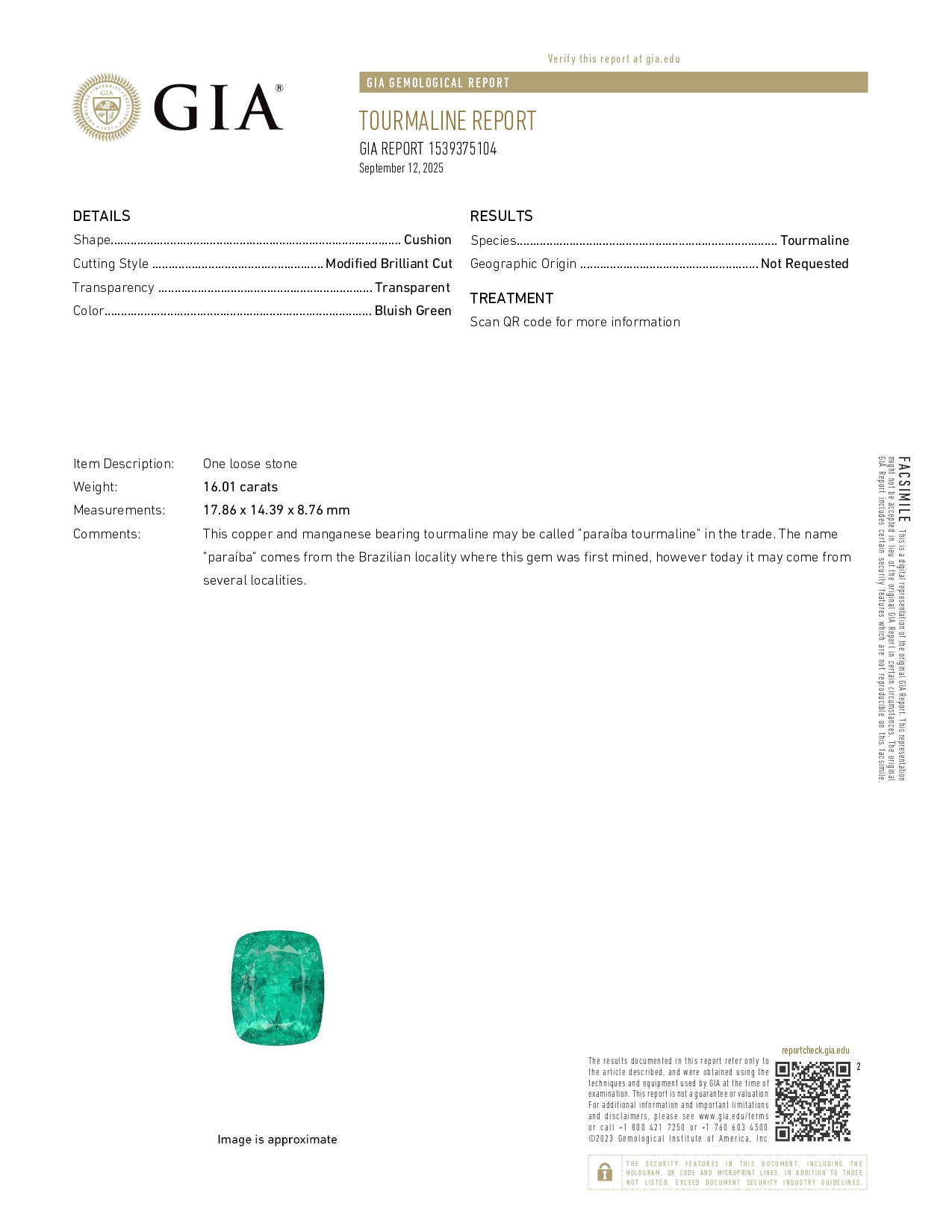 Neon-green Paraíba tourmaline cushion cut 16.01 carats, Brazil Image №6
