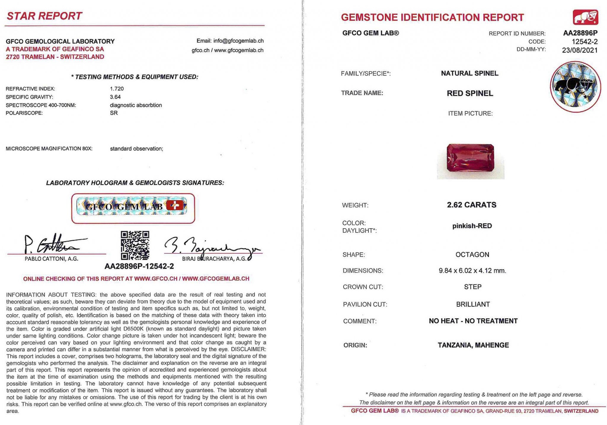 Spinel Mahenge, octagon cut 2.62 ct, GFCO Image №6