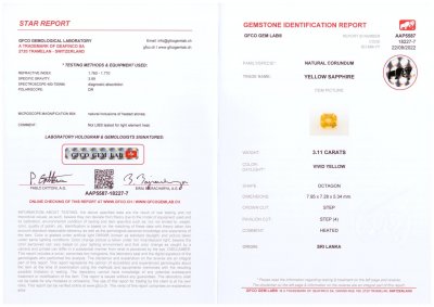 Certificate Octagon golden yellow sapphire 3.11 ct, Sri Lanka