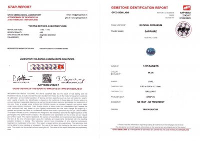 Certificate Unheated sapphire color Teal oval cut 1.37 ct, Madagascar,