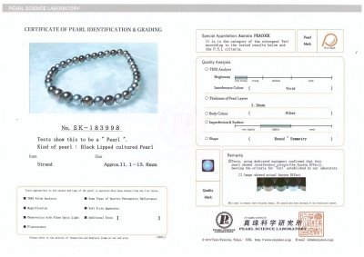 Certificate Two strands of South Sea pearls 11-13.8 mm, Tahiti