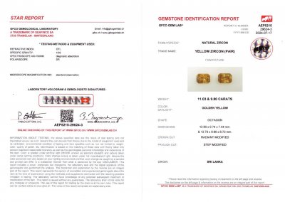 Certificate Pair of large "Golden yellow" zircons 20.83 carats in radiant cut, Sri Lanka