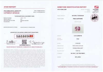 Certificate Unheated pink sapphire in cushion cut 2.14 carats, Sri Lanka