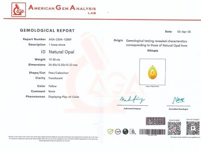 Certificate Large black opal cabochon cut 19.35 carats, Ethiopia