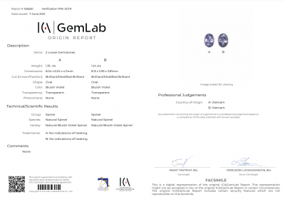 Certificate Pair of spinels 2.59 ct, Vietnam