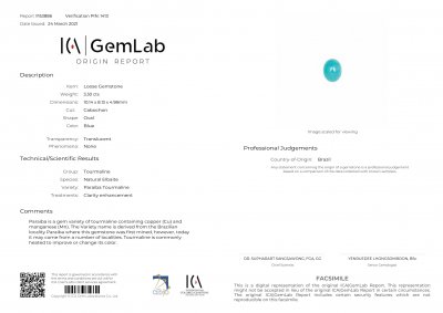 Certificate Paraiba tourmaline 3.30 ct, Brazil