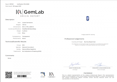 Certificate Unheated Burmese sapphire 1.09 ct