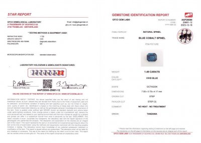 Certificate Cobalt blue spinel in octagon cut from Tanzania 1.49 carats