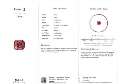 Certificate Rare 14.79ct polychrome red zircon cushion cut, Madagascar  