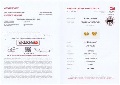 Certificate Pair of Vivid Yellow sapphires in radiant cut 2.22 carats, Sri Lanka 