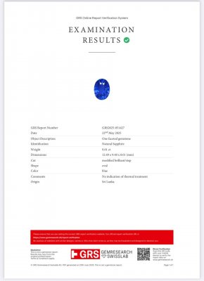 Certificate Unheated sapphire Royal Blue oval cut 9.01 carats, Sri Lanka