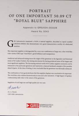 Certificate Investment Royal Blue sapphire in oval cut 50.09 ct, Sri Lanka, GRS 