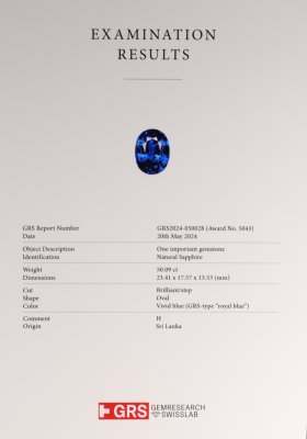 Certificate Investment Royal Blue sapphire in oval cut 50.09 ct, Sri Lanka, GRS 
