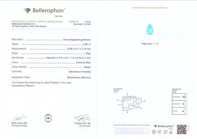 Certificate Neon greenish blue tourmaline Paraiba in pear cut 3.36 carats, Mozambique