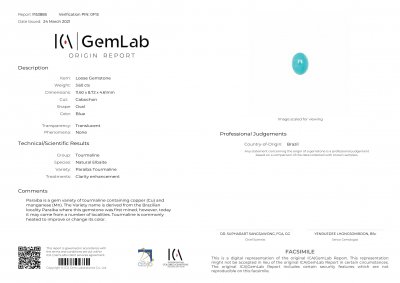 Certificate Brazilian Paraiba tourmaline 3.60 ct