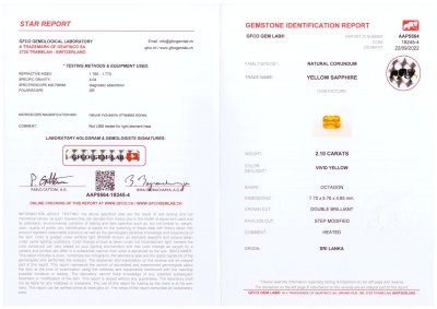 Certificate Bright yellow radiant cut sapphire 2.10 ct, Sri Lanka