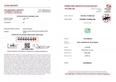 Certificate Neon blue tourmaline Paraiba 1.38 ct, Mozambique