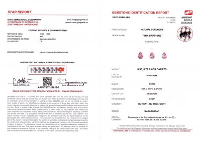 Certificate Set of unheated pear cut pink sapphires 2.48 ct, Madagascar