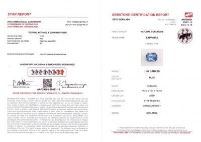 Certificate Radiant cut blue sapphire 1.55 carats, Sri Lanka