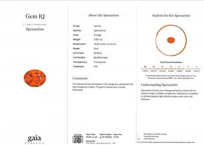 Certificate Spessartine garnet in oval cut 4.90 carats, Africa