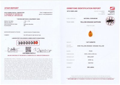 Certificate Yellow-orange sapphire in pear cut 1.67 carats, Sri Lanka