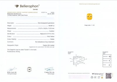 Certificate Unique unheated Golden Yellow sapphire in cushion cut 49.90 carats, Sri Lanka