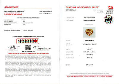 Certificate Zircon Vivid greenish yellow heart shape 3.06 carats, Sri Lanka