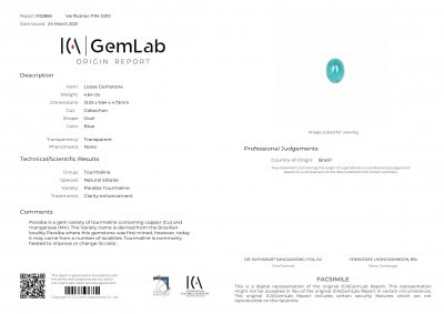 Certificate Paraiba tourmaline 4.64 ct, Brazil