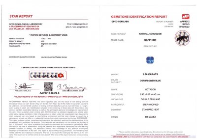 Certificate Bright cornflower blue sapphire from Sri Lanka 1.66 ct