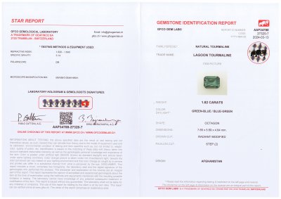 Certificate Lagoon blue tourmaline in octagon cut 1.82 carats