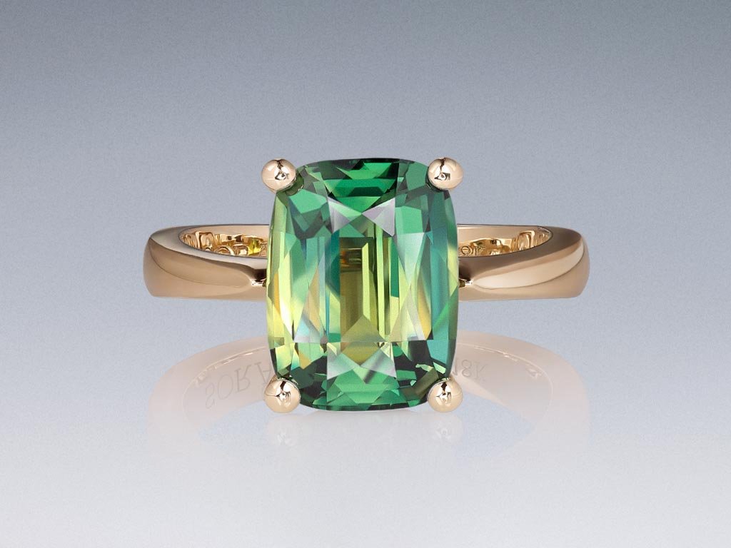  Ring with unique cushion-cut teal sapphire 6.20 ct in 18K gold champagne color Image №1