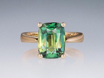 Ring with unique cushion-cut teal sapphire 6.20 ct in 18K gold champagne color photo