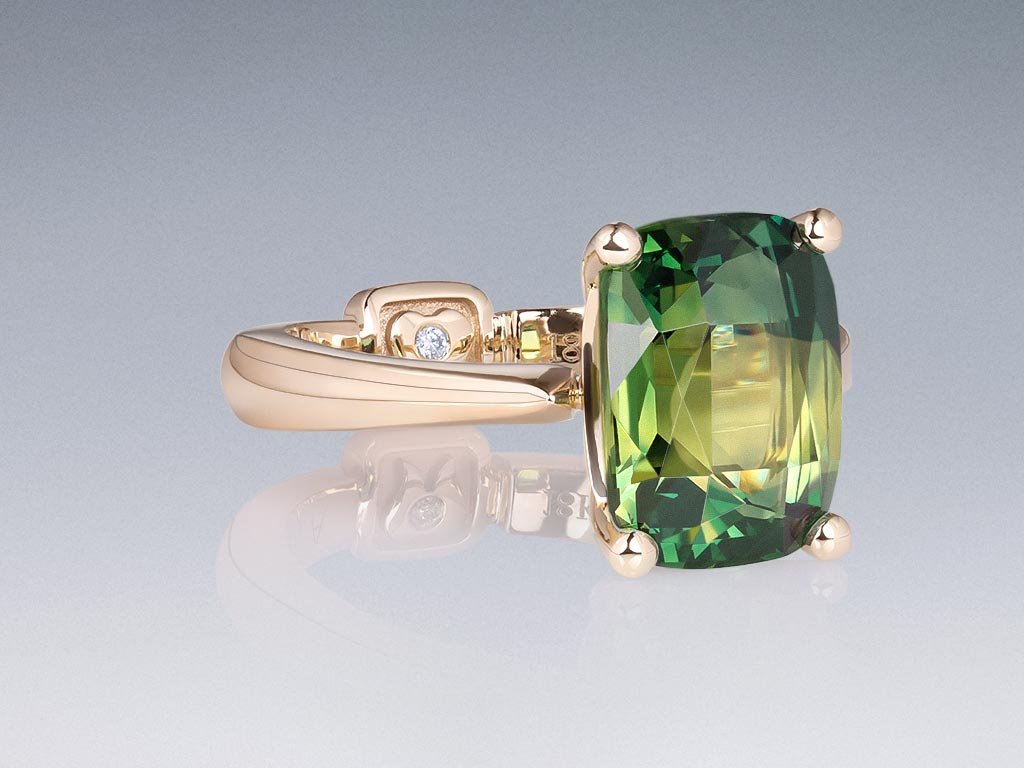  Ring with unique cushion-cut teal sapphire 6.20 ct in 18K gold champagne color Image №2