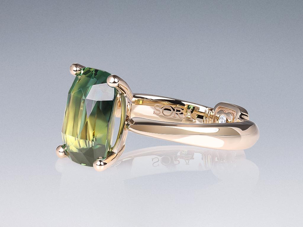  Ring with unique cushion-cut teal sapphire 6.20 ct in 18K gold champagne color Image №3