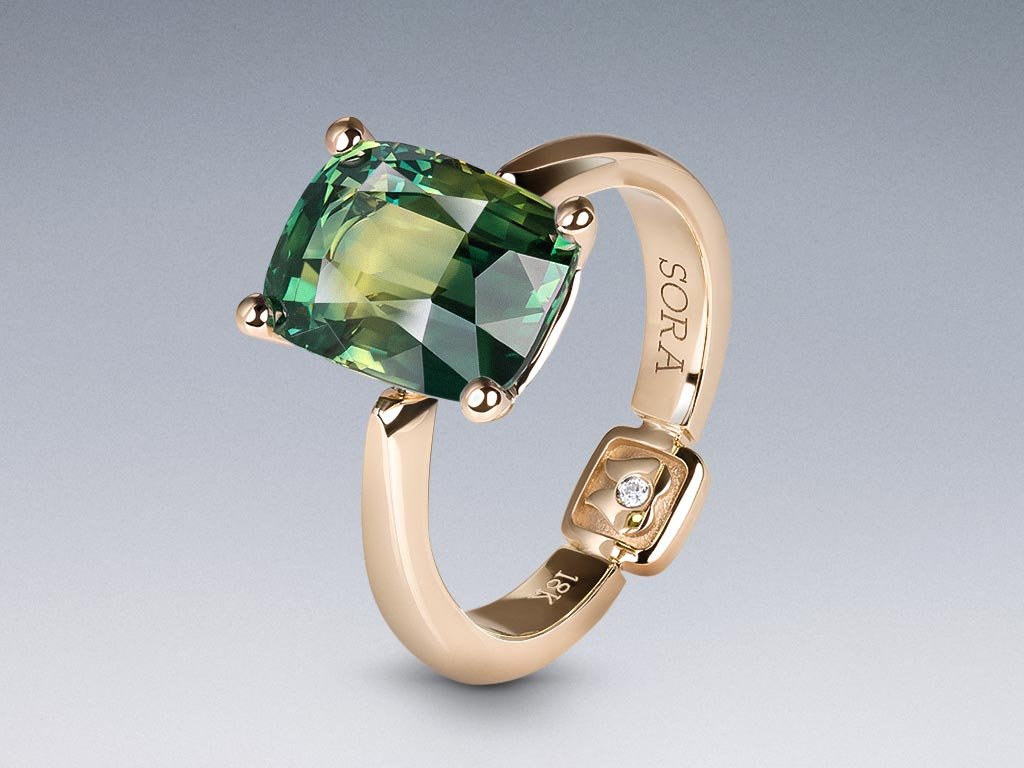  Ring with unique cushion-cut teal sapphire 6.20 ct in 18K gold champagne color Image №4
