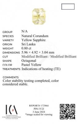 Certificate Pastel yellow sapphire in radiant cut 0.80 carats, Sri Lanka