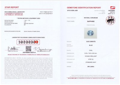 Certificate Pastel blue sapphire in oval cut 3.63 carats, Sri Lanka