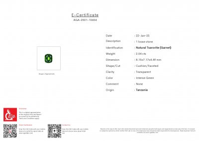 Certificate Neon Green tsavorite garnet in cushion cut 2.04 carats, Tanzania