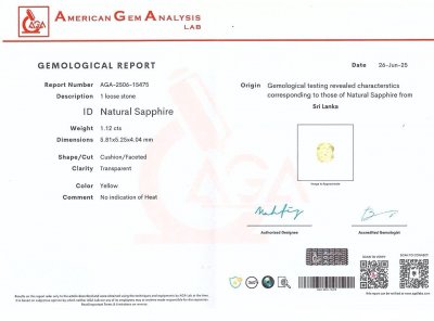 Certificate Unheated Pastel Yellow sapphire in cushion cut 1.12 carats, Sri Lanka