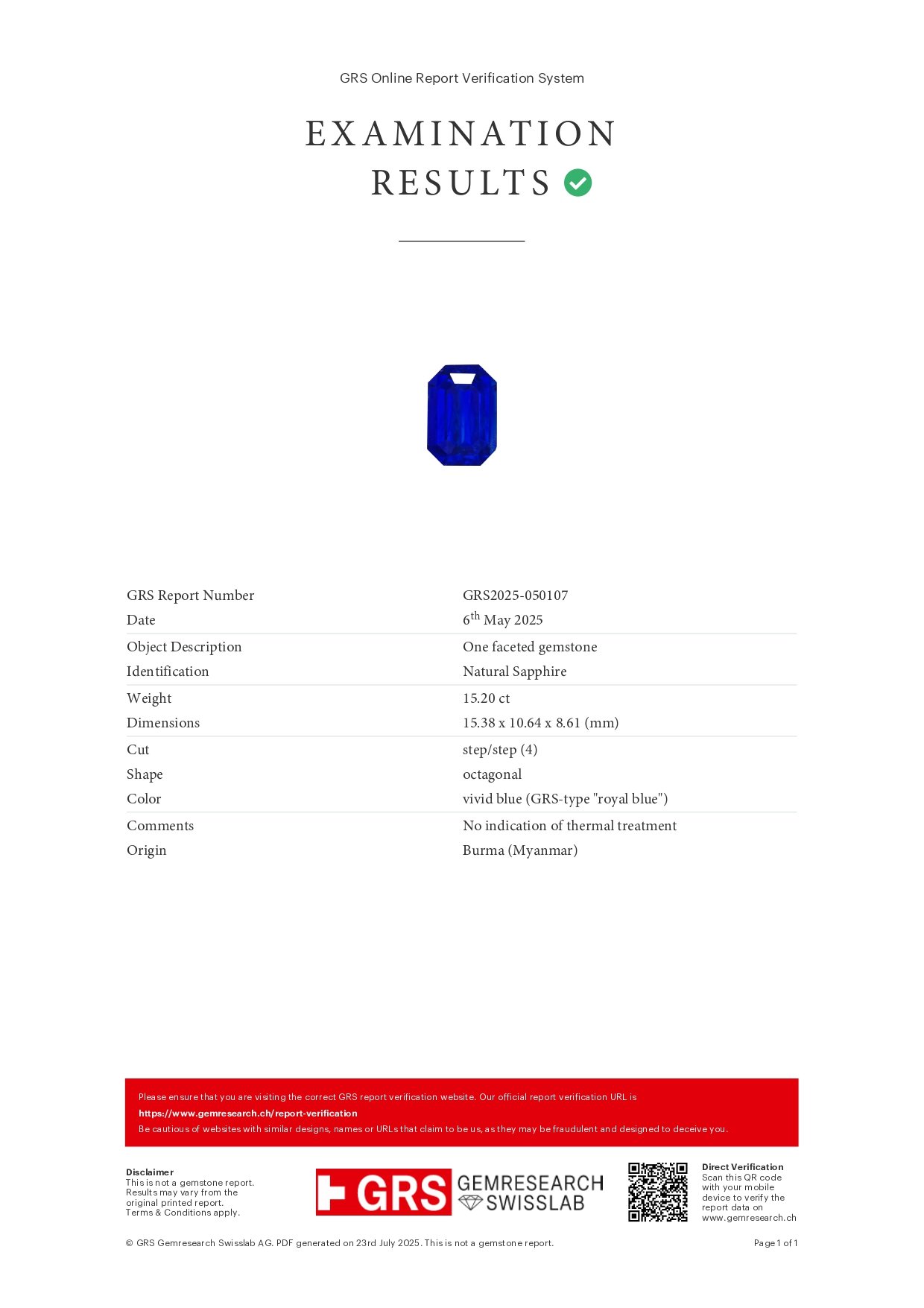 Investment unheated Royal Blue sapphire in octagon cut 15.20 carats, Burma (SSEF, GRS, GIA) Image №6