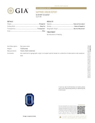 Certificate Investment unheated Royal Blue sapphire in octagon cut 15.20 carats, Burma (SSEF, GRS, GIA)