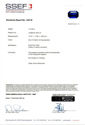 Certificate Investment unheated Royal Blue sapphire in octagon cut 15.20 carats, Burma (SSEF, GRS, GIA)