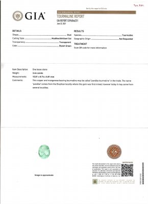 Certificate Blue-green Paraiba tourmaline from Mozambique 3.46 ct, GIA