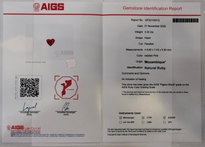 Certificate Unheated heart shape pigeon's blood ruby 3.02 ct, Mozambique