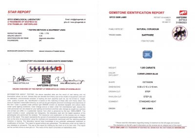 Certificate Cornflower blue sapphire in octagon cut 1.05 ct, Sri Lanka