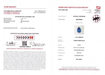 Certificate Cornflower blue sapphire in pear cut 1.47 ct, Sri Lanka