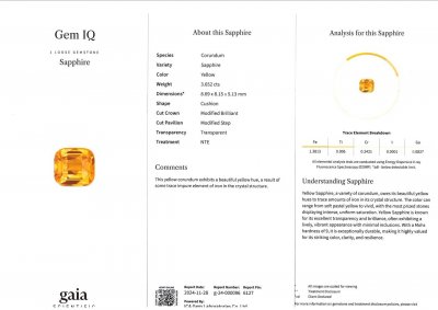 Certificate Vivid yellow cushion cut sapphire 3.65 carats, Sri Lanka