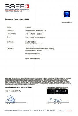 Certificate Unheated sapphire Royal Blue cushion cut 8.00 carats, Burma