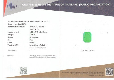 Certificate Intense Green emerald in octagon cut  2.49 carats, Colombia